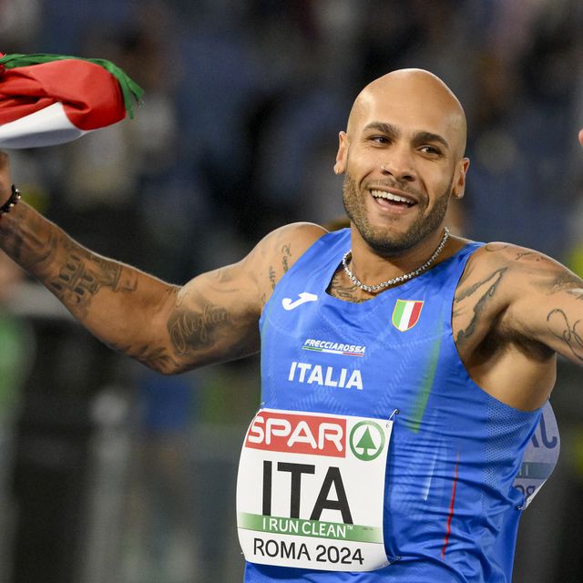 marcell jacobs of italy celebrates after competing in the...