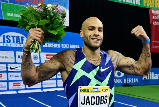 italys lamont marcell jacobs poses after winning the mens 60 m final race of the istaf indoor athletics meeting in berlin on february 4, 2022 photo by john macdougall  afp photo by john macdougallafp via getty images