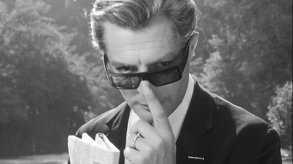 Eyewear, Photograph, Glasses, Sunglasses, Suit, Hairstyle, Black-and-white, Vision care, Cool, Forehead, 