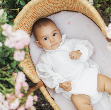 baby in a moses basket in grass