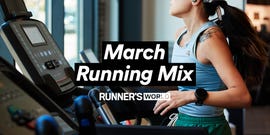 advertisement for a march running playlist on a treadmill