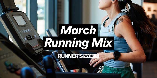 advertisement for a march running playlist on a treadmill