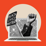 composition of hands holding a black lives matter sign coming out of a computer