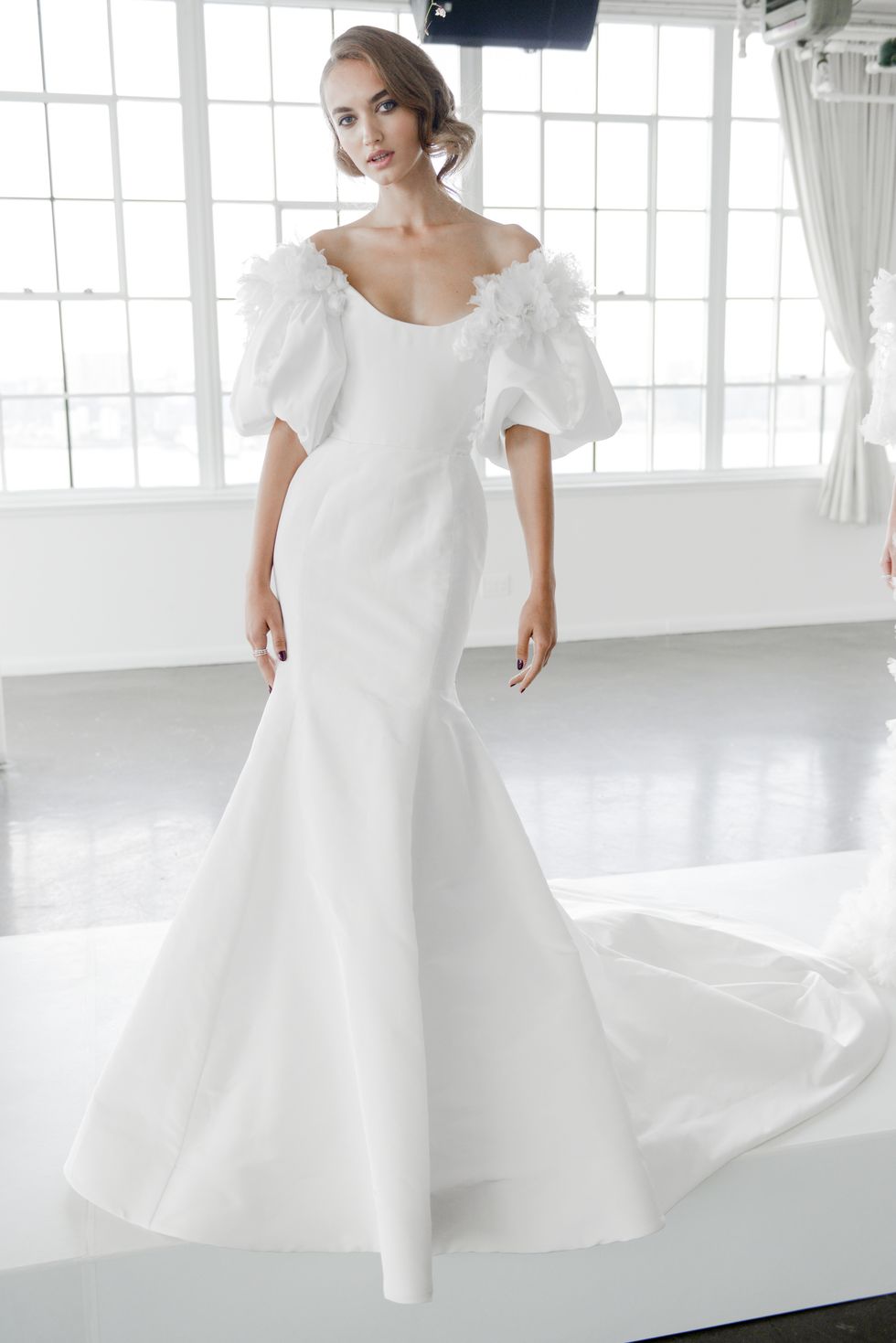 Gown, Wedding dress, Clothing, Dress, Fashion model, Shoulder, White, Bridal clothing, Photograph, Bridal party dress, 