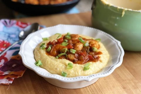 mardi gras foods recipes cajun shrimp and grits in white bowl