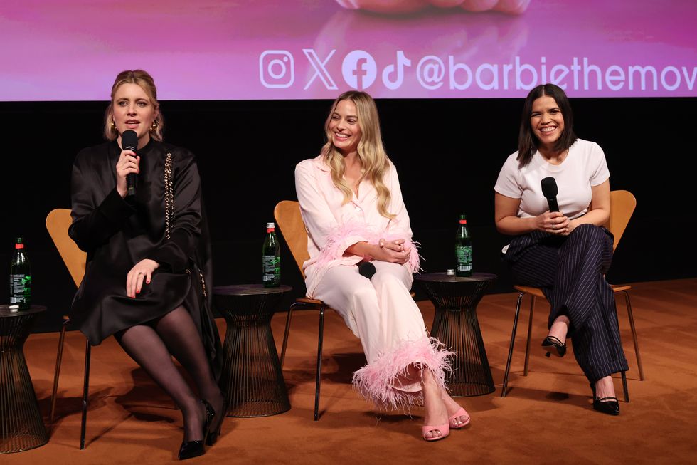hollywood, california november 18 exclusive coverage l r writerdirectorexecutive producer greta gerwig, margot robbie and america ferrera speak at the special screening and qa of warner bros pictures barbie at linwood dunn theater at the pickford center for motion study on november 18, 2023 in hollywood, california photo by eric charbonneaugetty images for warner bros
