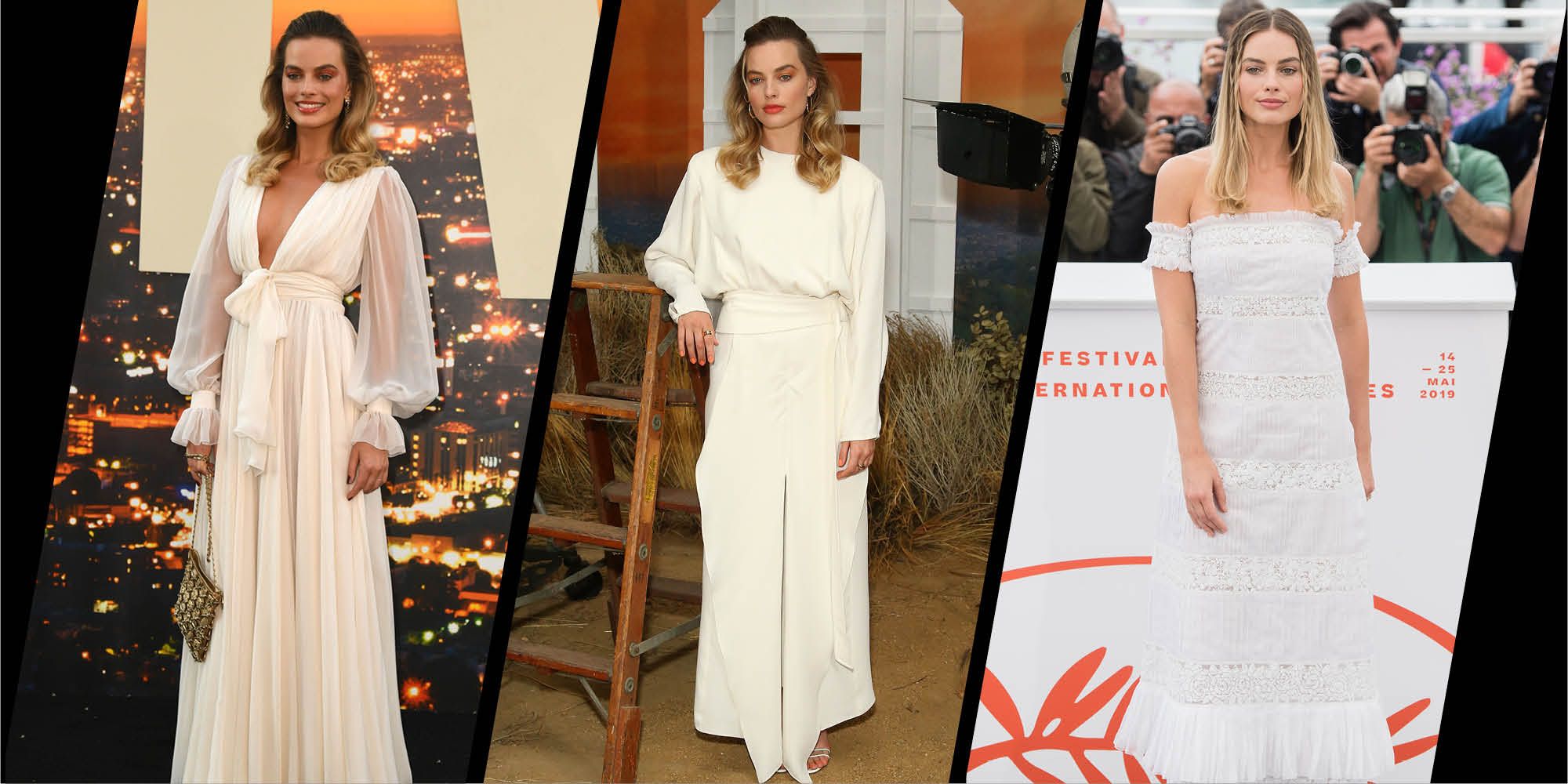 Margot Robbie wears white on the One Upon A Time In Hollywood tour