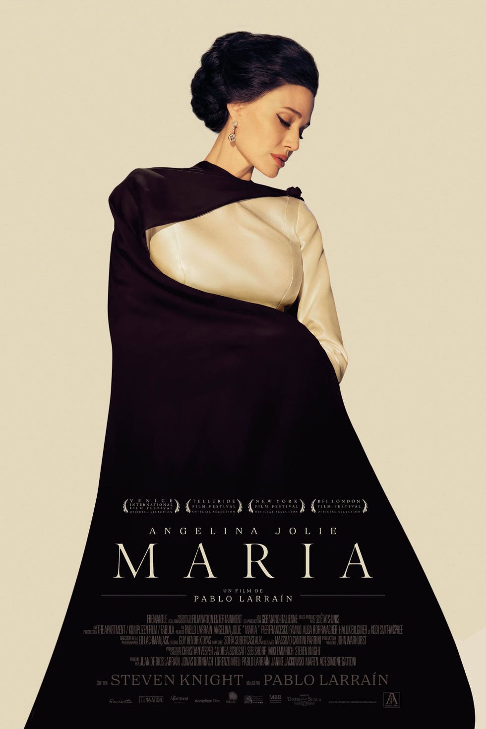 movie poster for maria directed by pablo larraín featuring a woman in a distinctive outfit