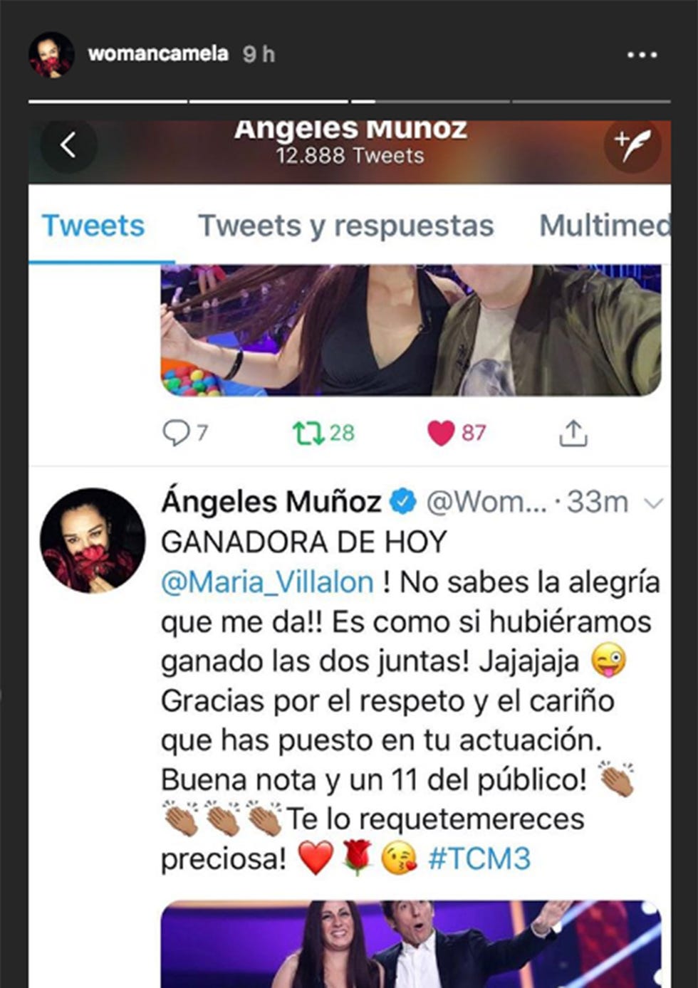 María Villalón gana la tercera gala de TCMS imitando a Camela. Ángela Muñoz, cantante de Camela, se ha pronunciado sobre la actuación de la concursante.