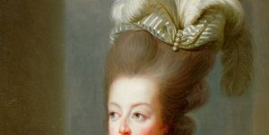 marie antoinette portrait, she looks to the left and wears an opulent lace dress with a matching feather hat