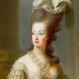 marie antoinette portrait, she looks to the left and wears an opulent lace dress with a matching feather hat