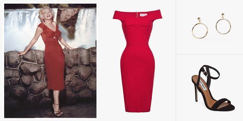 marilyn monroe in front of niagra falls in red dress