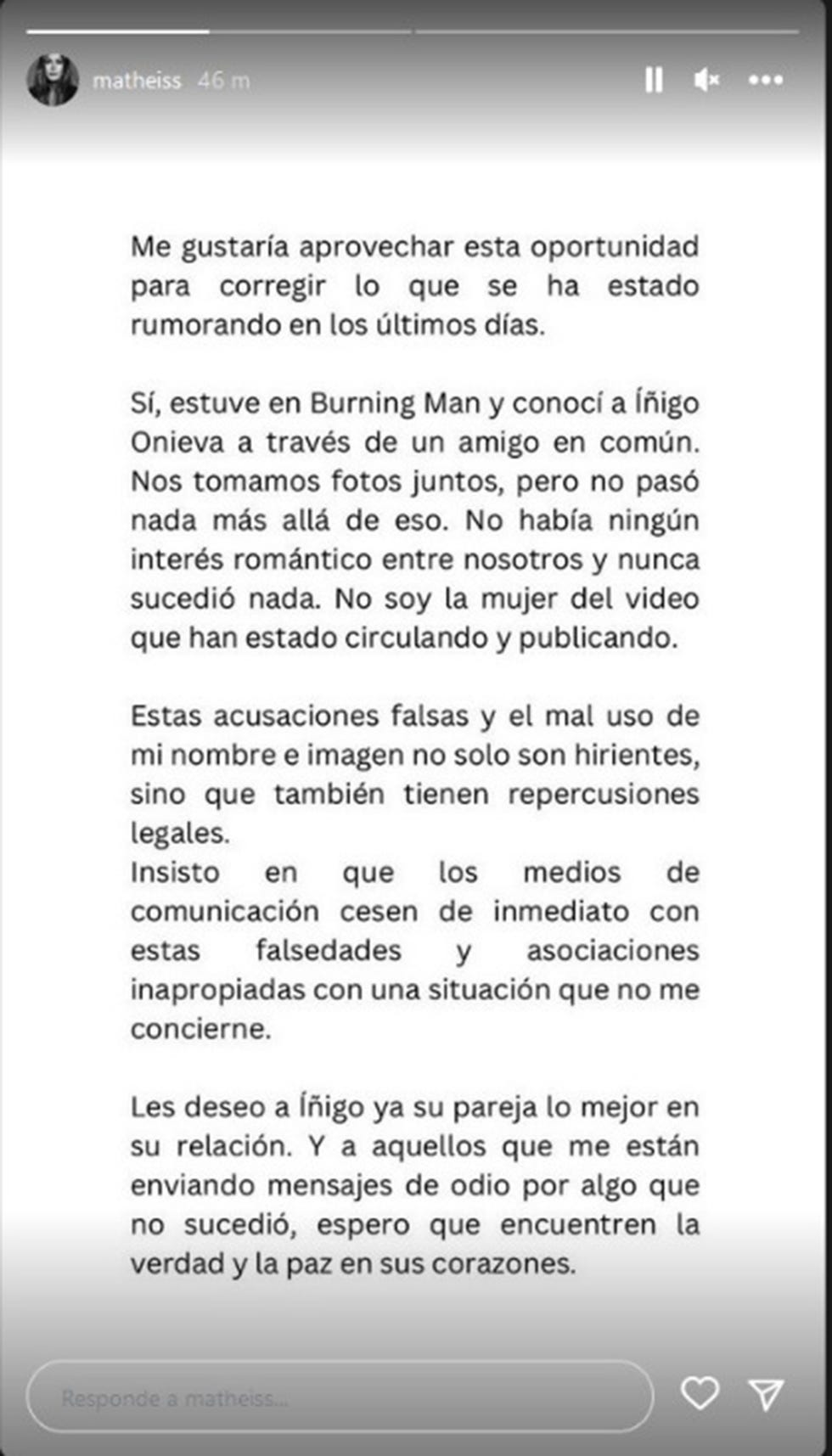 marina theiss lanza un comunicado en instagram negando el beso con íñigo onieva