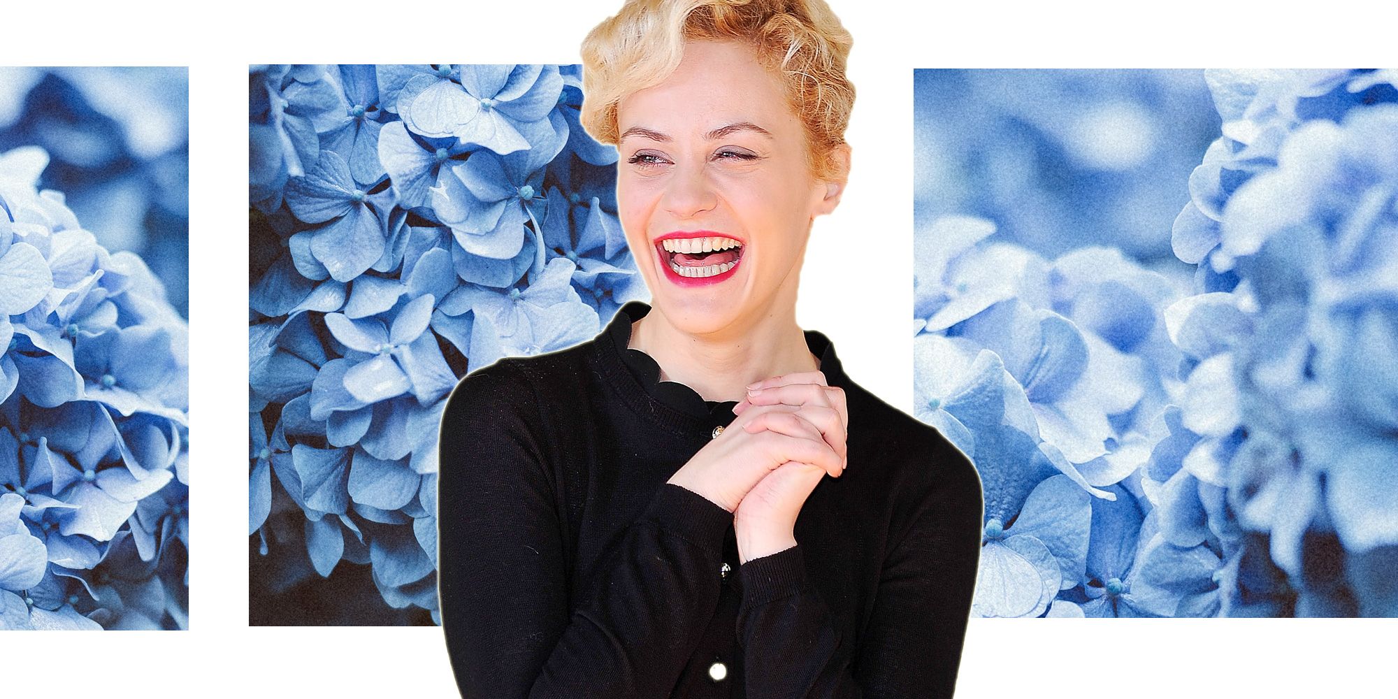 Facial expression, Beauty, Lip, Nose, Chin, Cheek, Electric blue, Blond, Smile, Neck, 