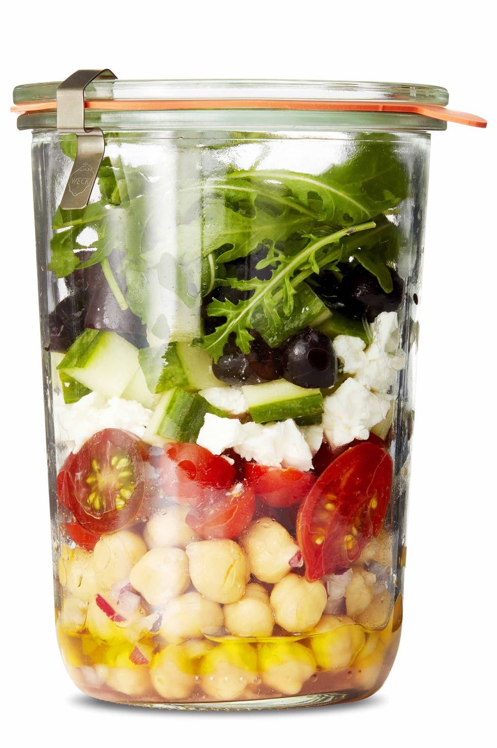 chickpeas, tomato, feta, cucumber and arugula in a mason jar