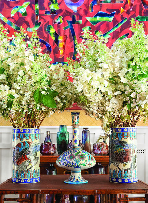 Multicolored vases on a table