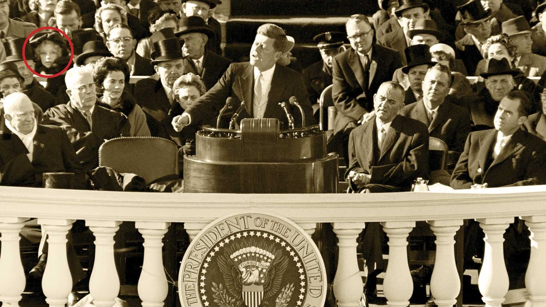 marion davies’s last public appearance, at the inauguration of john f kennedy in january 1961, she is circled, top left