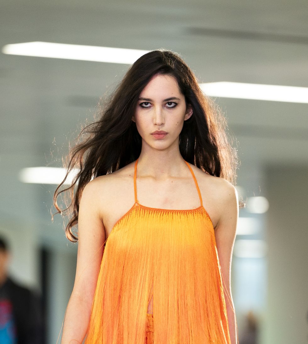 a model on the catwalk during the mark fast show at orchard place, london, during london fashion week 2024 picture date friday february 16, 2024 photo by jordan pettittpa images via getty images