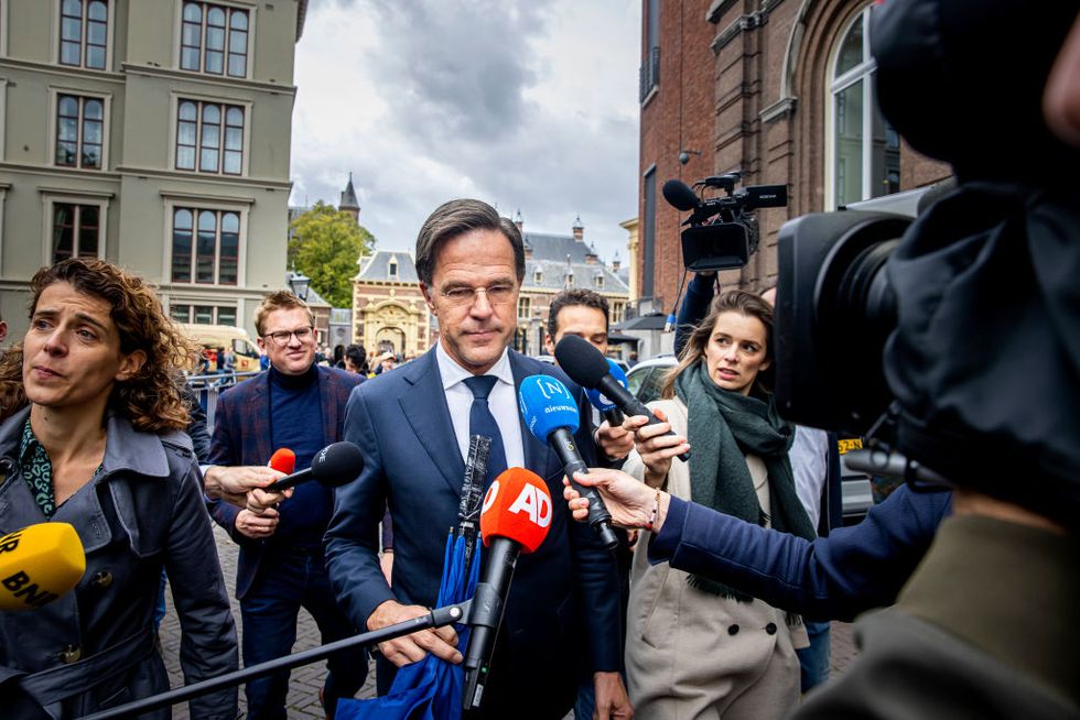 the hague, netherlands   september 30 vvd leader and prime minister mark rutte is seen talking to the press while arriving at the logement at plein square for the continuation of formation talks with informateur johan remkes to form a new government cabinet on september 30, 2021 in the hague, netherlands after an ultimate attempt by informateur remkes to form a new administration, it was decided to continue talks with current coalition member party christenunie photo by patrick van katwijkbsr agencygetty images