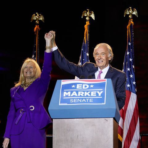 malden, ma   september 01 sen ed markey d ma raises hands with his wife, susan blumenthal, after speaking at a primary election night event at malden public library on september 1, 2020 in malden, massachusetts sen markey won the primary race over challenger rep joe kennedy iii d ma for the democratic nomination for the us senate seat photo by allison dinnergetty images