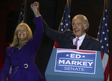 malden, ma   september 1 senator ed markey and his wife, dr susan blumenthal, acknowledge the crowd as markey delivers his election night speech after defeating joseph kennedy for the massachusetts senate seat in front of the malden public library in malden, ma on sept 1, 2020 photo by matthew j leethe boston globe via getty images