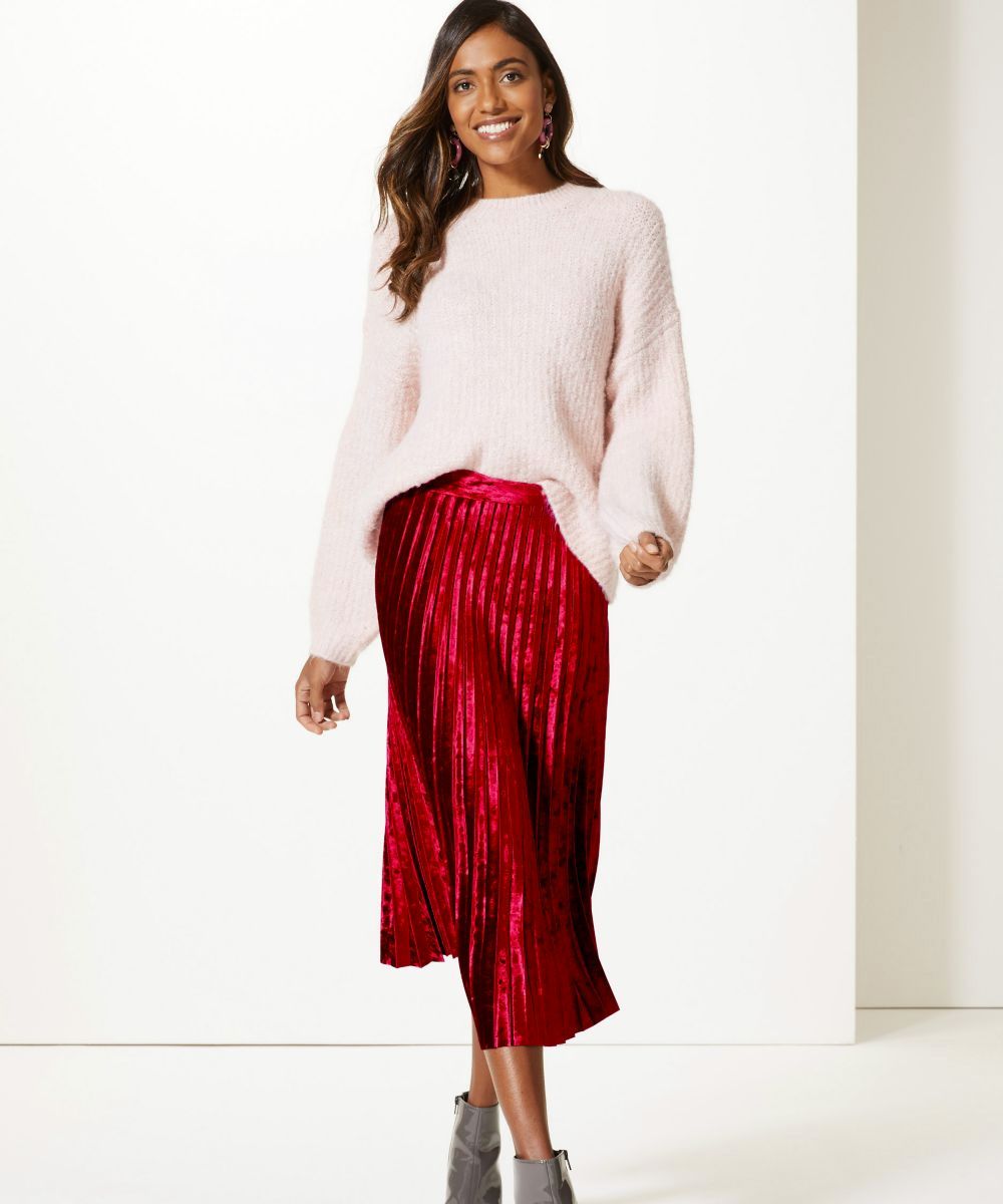 Pleated red 2025 velvet skirt