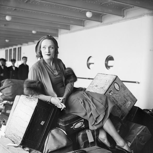 marlene dietrich on boat, on luggage