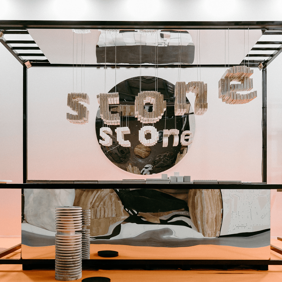 the display counter showcases three dimensional letters spelling stone