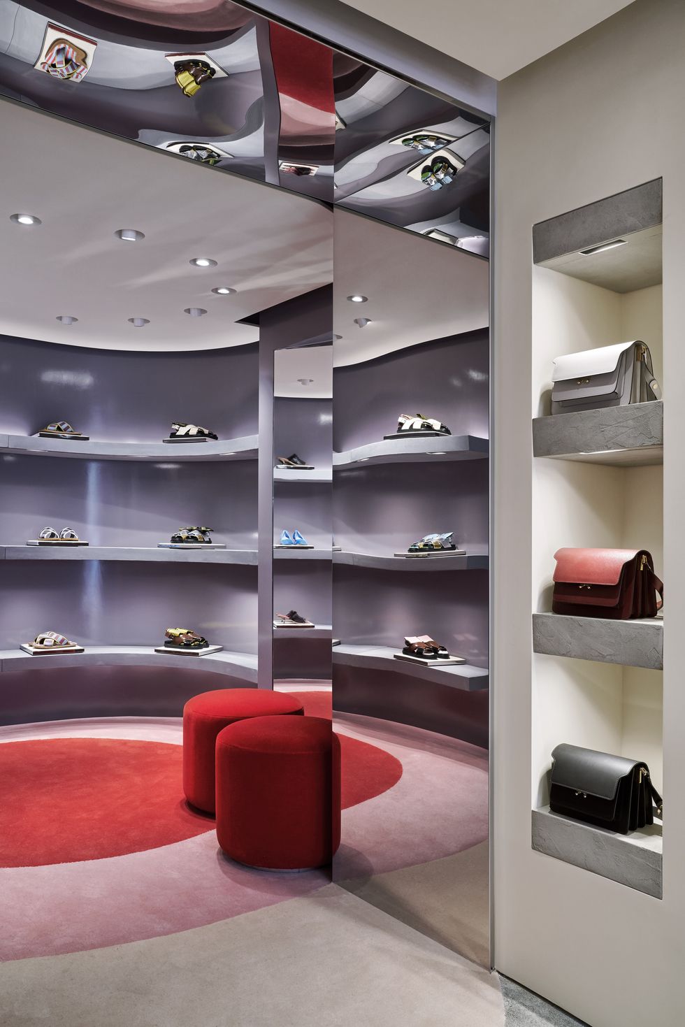 Room, Interior design, Shelf, Furniture, Ceiling, Wall, Building, Shelving, Shoe store, Architecture, 