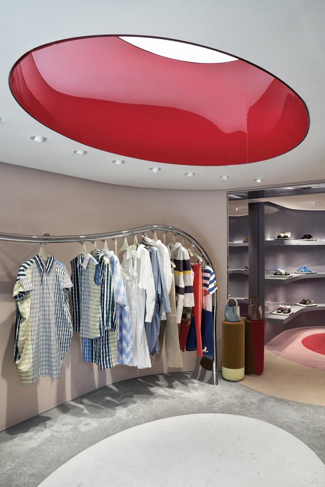 Red, Ceiling, Building, Boutique, Room, Interior design, Architecture, Retail, Outlet store, 