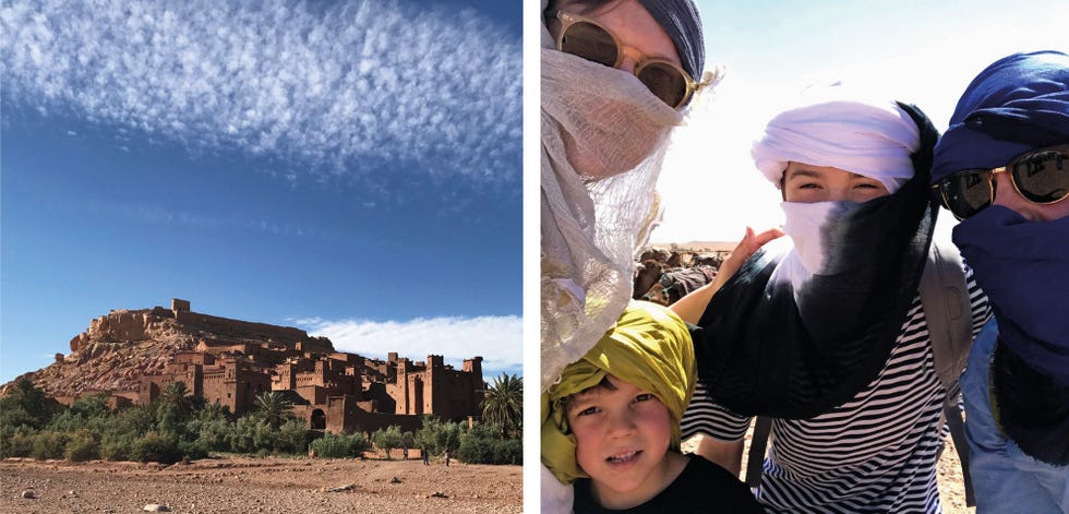 Links AtBenHaddou rechts Lenneke Hoope met haar gezin in de Tinfouwoestijn