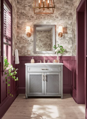303845254 boulder liquid soap in champagne marble301179609 driftwood gray cordless room darkening 25 in premium faux wood blind for window   23 in w x 48 in l302268150 cylindrical glass jar w lid s2312613763 neville 24 in x 32 in framed wall mount mirror in antique gray oak204803066 century steel 1 duplex outlet plate204803000 century steel 2 toggle wall plate313343721 erinton 36 in w x 21 in d vanity in antique grey with engineered stone vanity top in white with white basin301155513 conant 4 light gilded satin brass chandelier205830534 lahara towel ring204850204 driscoll 1 light sconce314969635 turkish white cotton ultra soft 6 piece bath sheet towel setppg1048 7 ppg gooseberry314537740 outlast waterproof chalked abiding pine laminate flooring pergo315712910 nara grey toile strippable non woven wallpaper by scott livingthd 1493925 cat 0921 pirrello