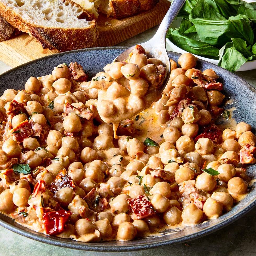 marry me chickpeas topped with basil