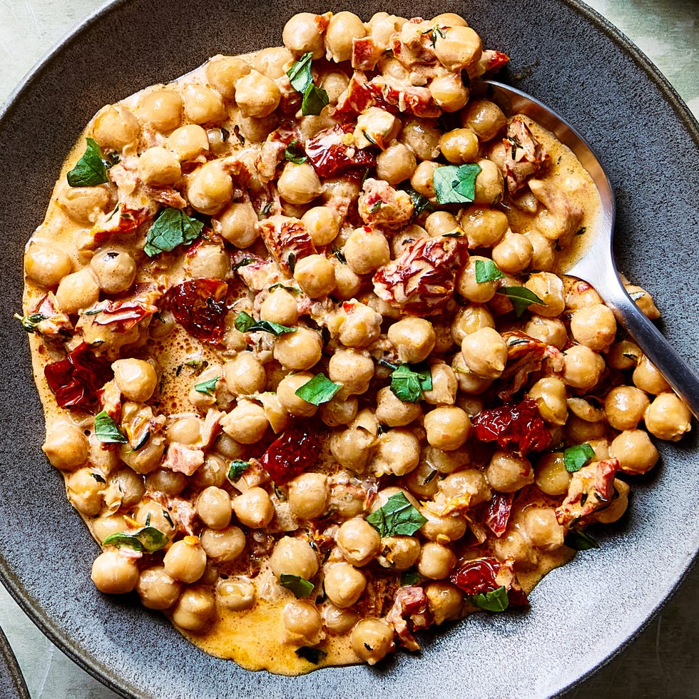 marry me chickpeas topped with basil