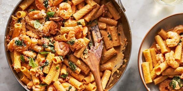 rigatoni tossed in a creamy sauce with shrimp