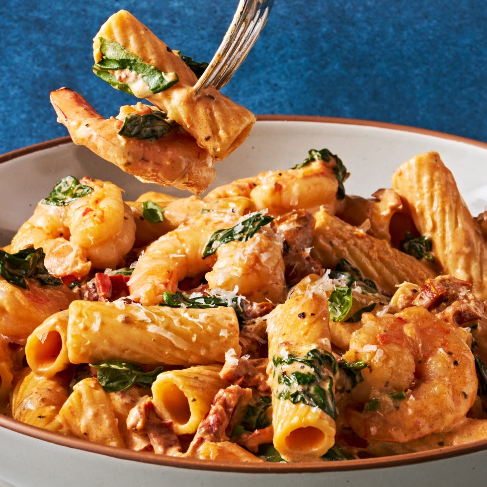 rigatoni tossed in a creamy sauce with shrimp