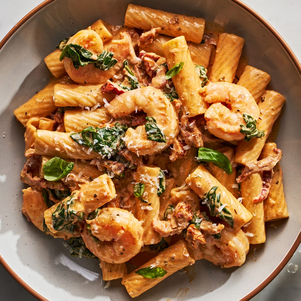 rigatoni tossed in a creamy sauce with shrimp