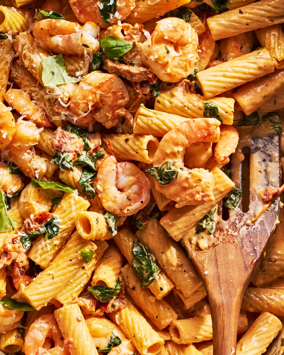 rigatoni tossed in a creamy sauce with shrimp