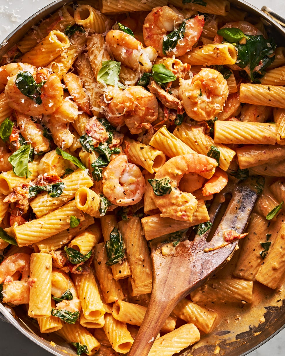 rigatoni tossed in a creamy sauce with shrimp