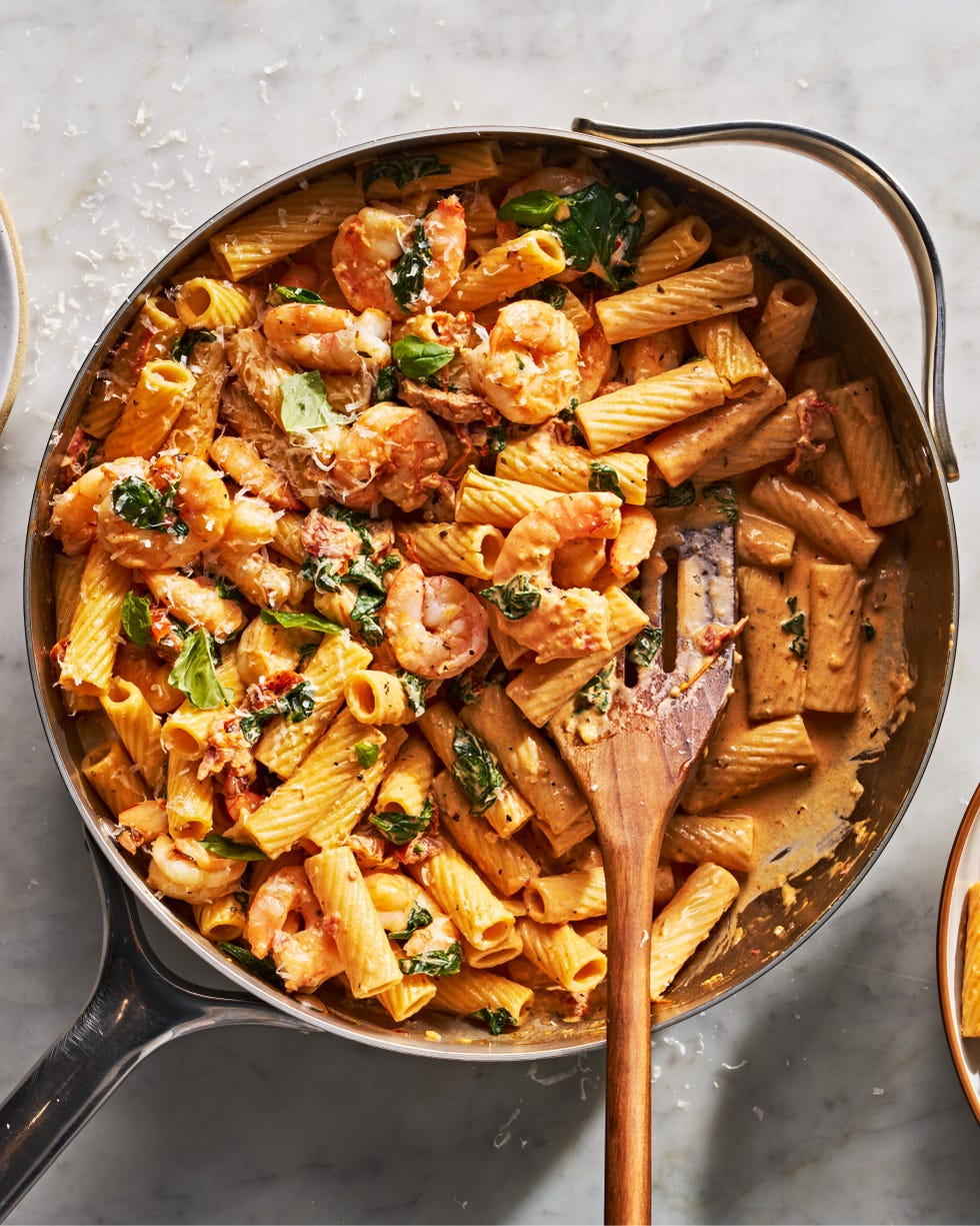 rigatoni tossed in a creamy sauce with shrimp