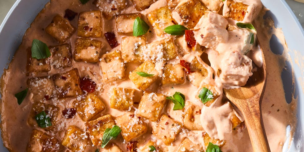 cubes of tofu in a creamy marry me sauce