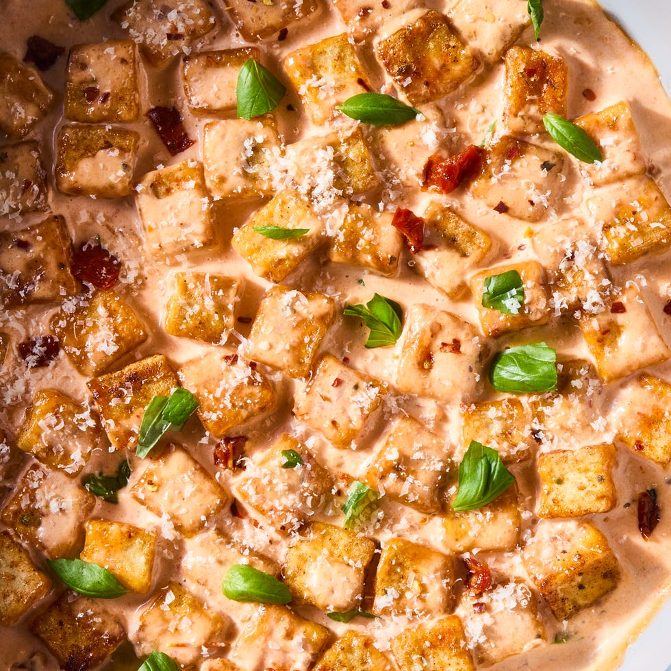 cubes of tofu in a creamy marry me sauce