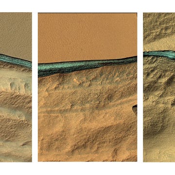 https://news.nationalgeographic.com/content/dam/news/2018/01/11/mars-water-ice/mars-ice-water-00-og.jpg Op gematigde breedten van Mars zijn blauwachtige lagen in afgekalfde oeverwallen te herkennen Uit de spectra van deze lagen die n twee meter onder de oppervlakte liggen blijkt dat ze bestaan uit waterijs