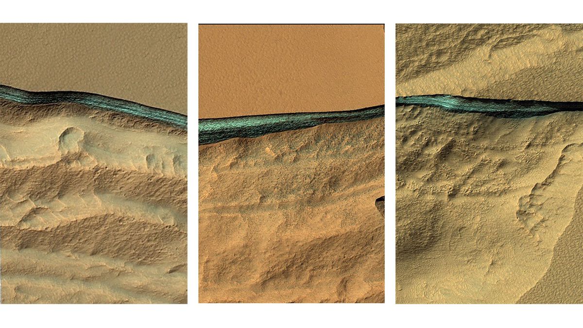 Op gematigde breedten van Mars zijn blauwachtige lagen in afgekalfde oeverwallen te herkennen Uit de spectra van deze lagen  die n  twee meter onder de oppervlakte liggen  blijkt dat ze bestaan uit waterijs