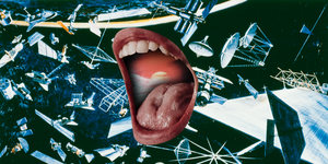 an open mouth screaming over a background of satellites