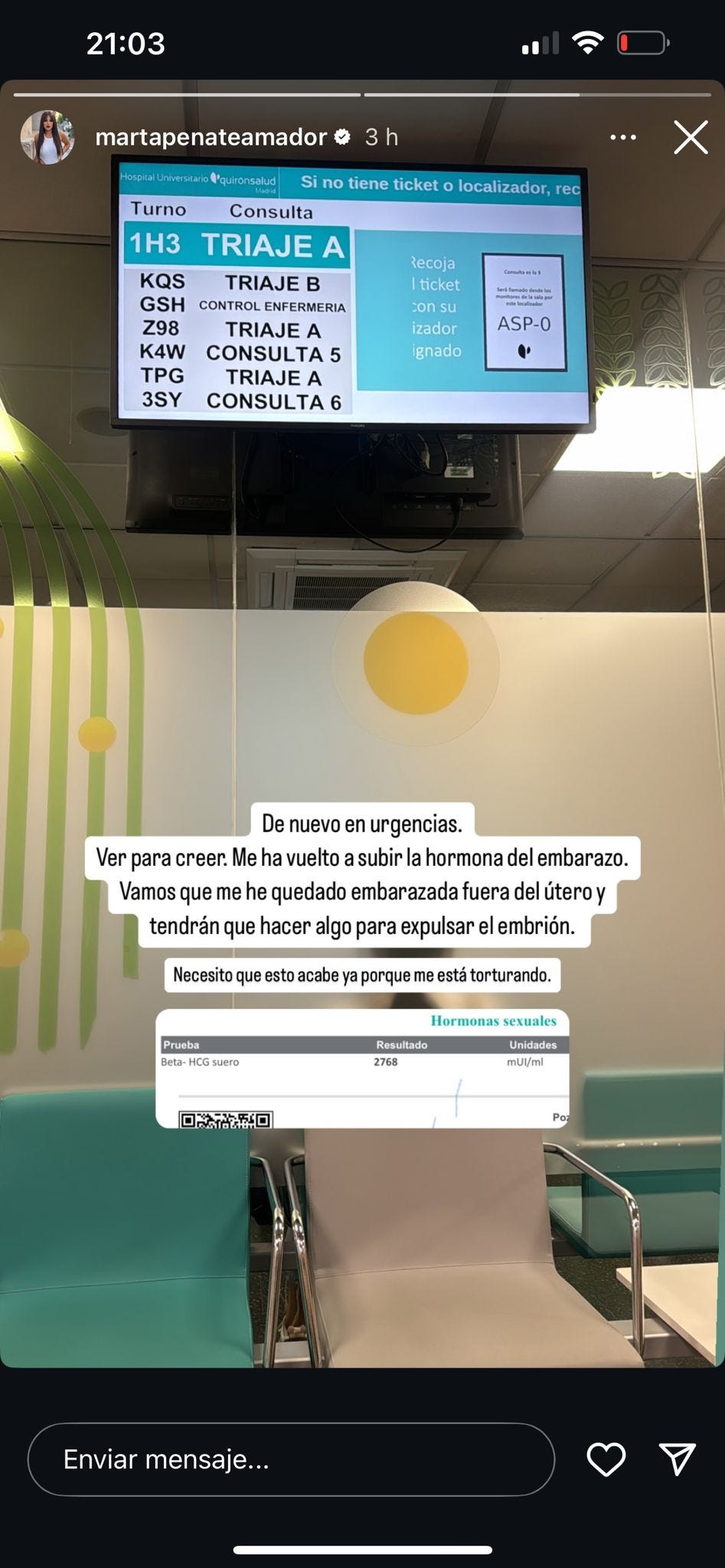 marta peñte en el hospital cuelga mensaje
