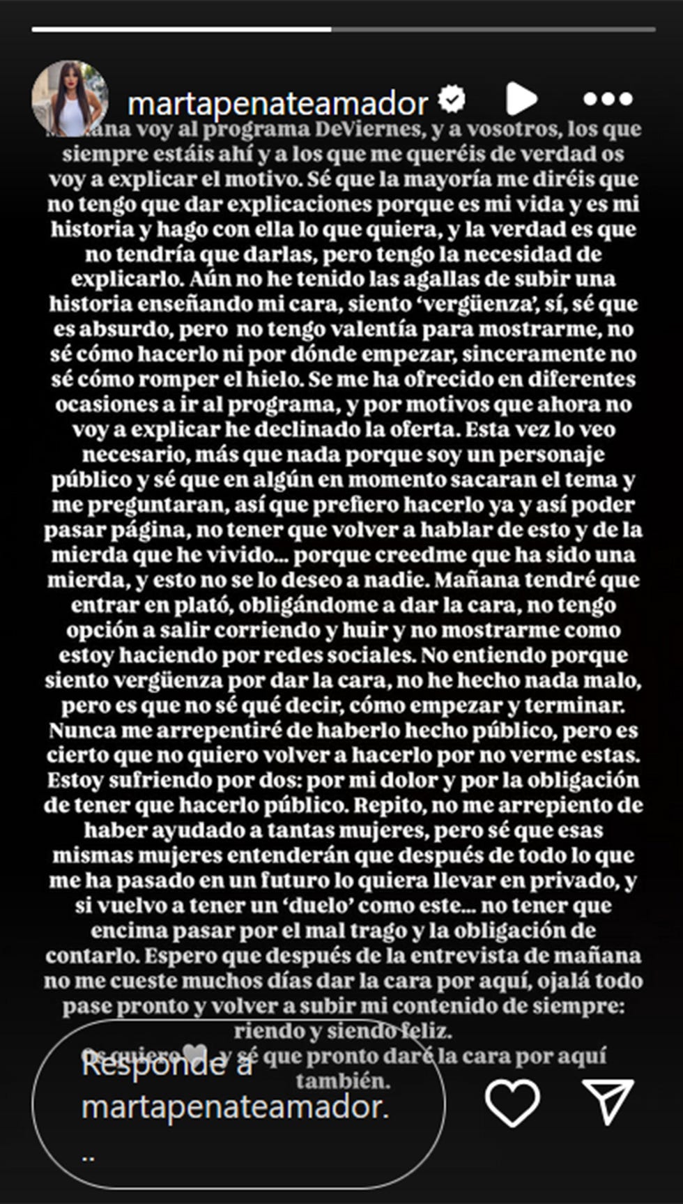 comunicado de marta penate sobre su presencia en de viernes tras perder a su bebe