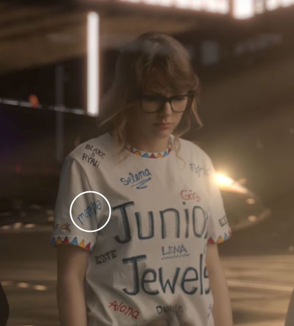 Martha Hunt's name on Taylor Swift's new Junior Jewels shirt.