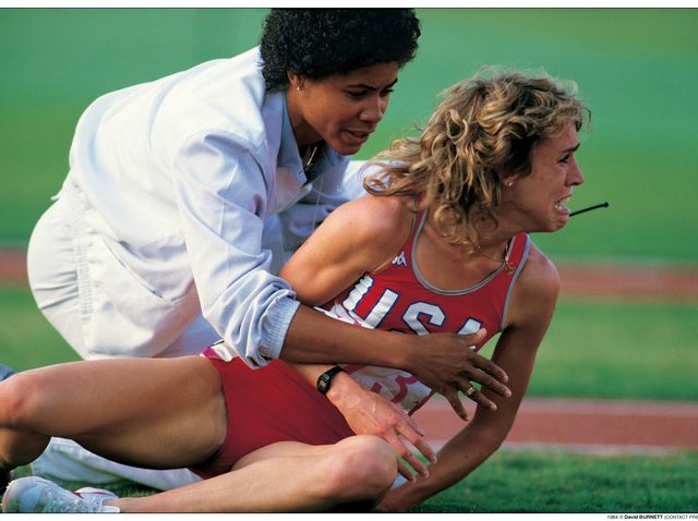 mary decker falls during the 3000m final of the 1984  olympics, after colliding with zola budd los angeles, california