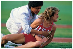 mary decker falls during the 3000m final of the 1984  olympics, after colliding with zola budd los angeles, california